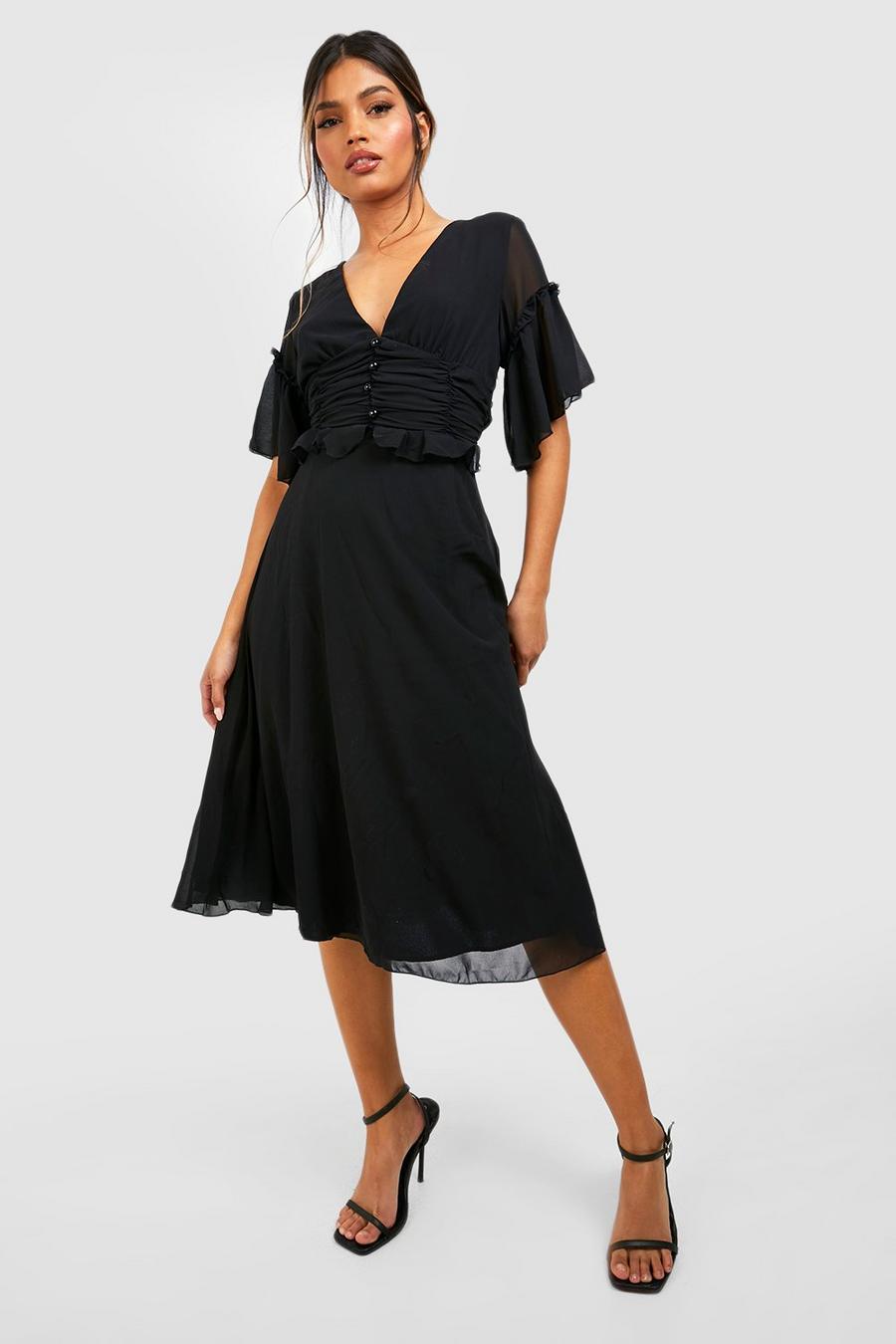 Black Pleated Ruffle Detail Midi Smock Dress
