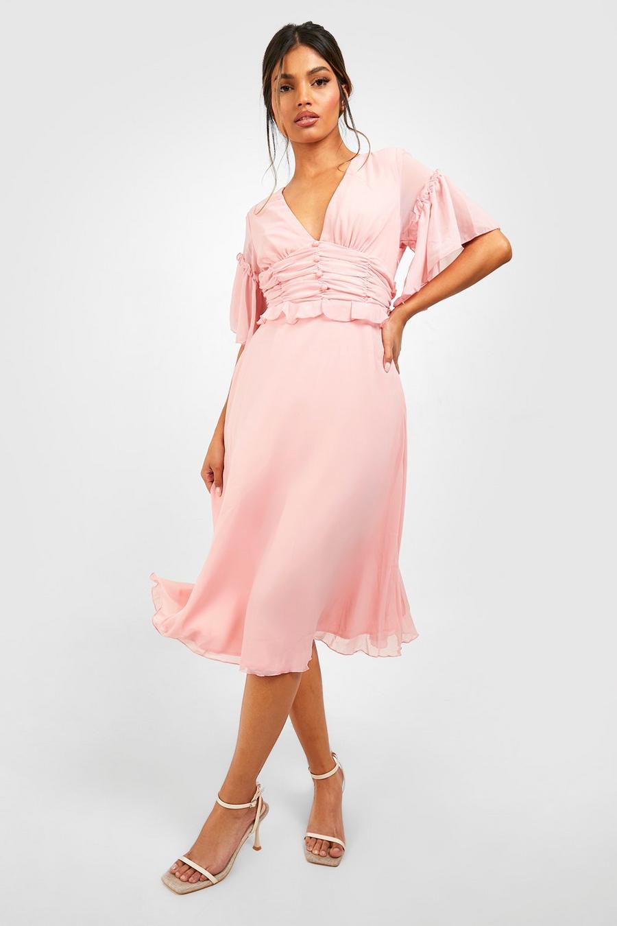 Blush rosa Pleated Ruffle Detail Midi Smock Dress
