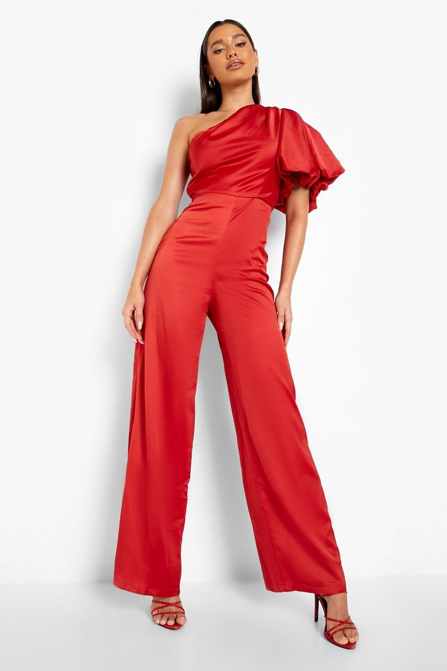 Berry red Puff One Shoulder Wide Leg Jumpsuit image number 1