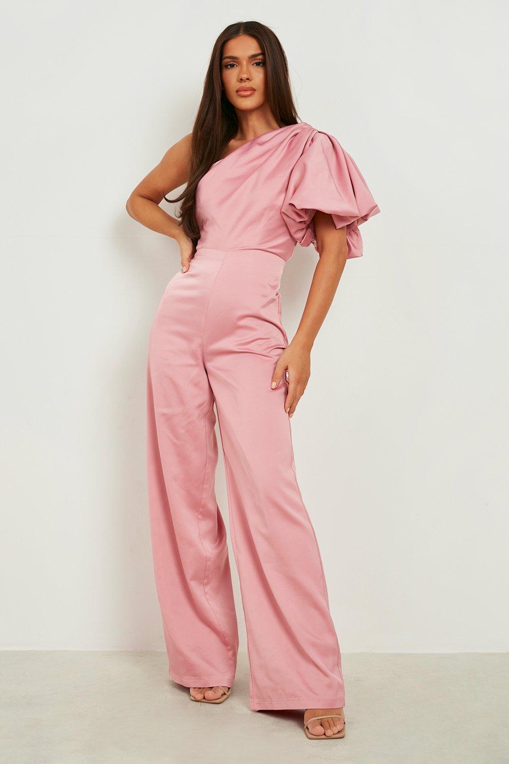 One shoulder best sale pink jumpsuit