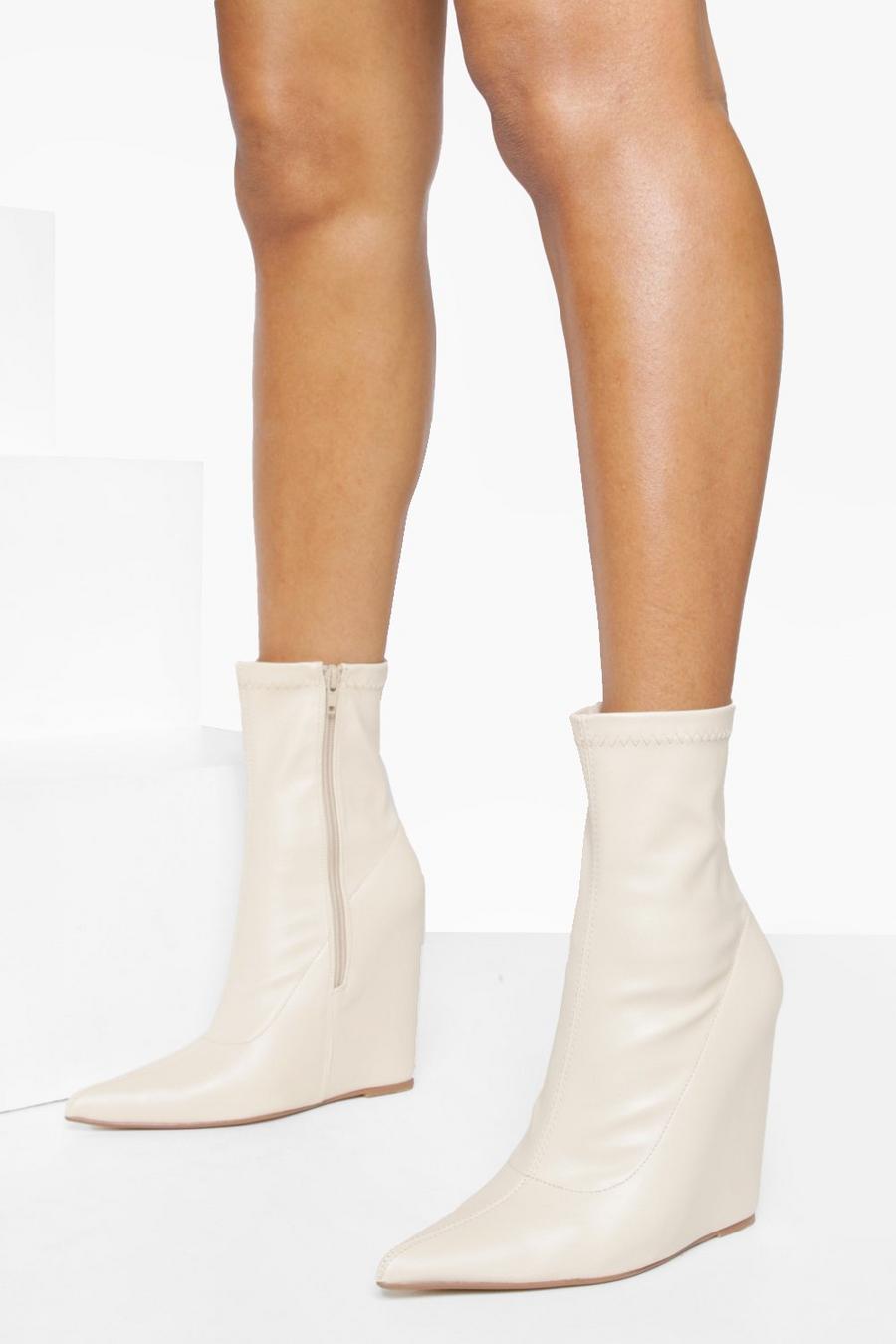 Ecru white Pointed Toe Wedge Ankle Boots image number 1