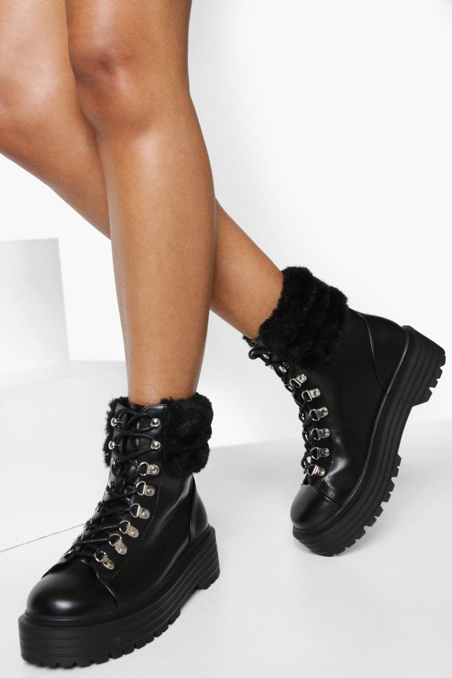Black Wide Fit Faux Fur Cuff Hiker Boots image number 1