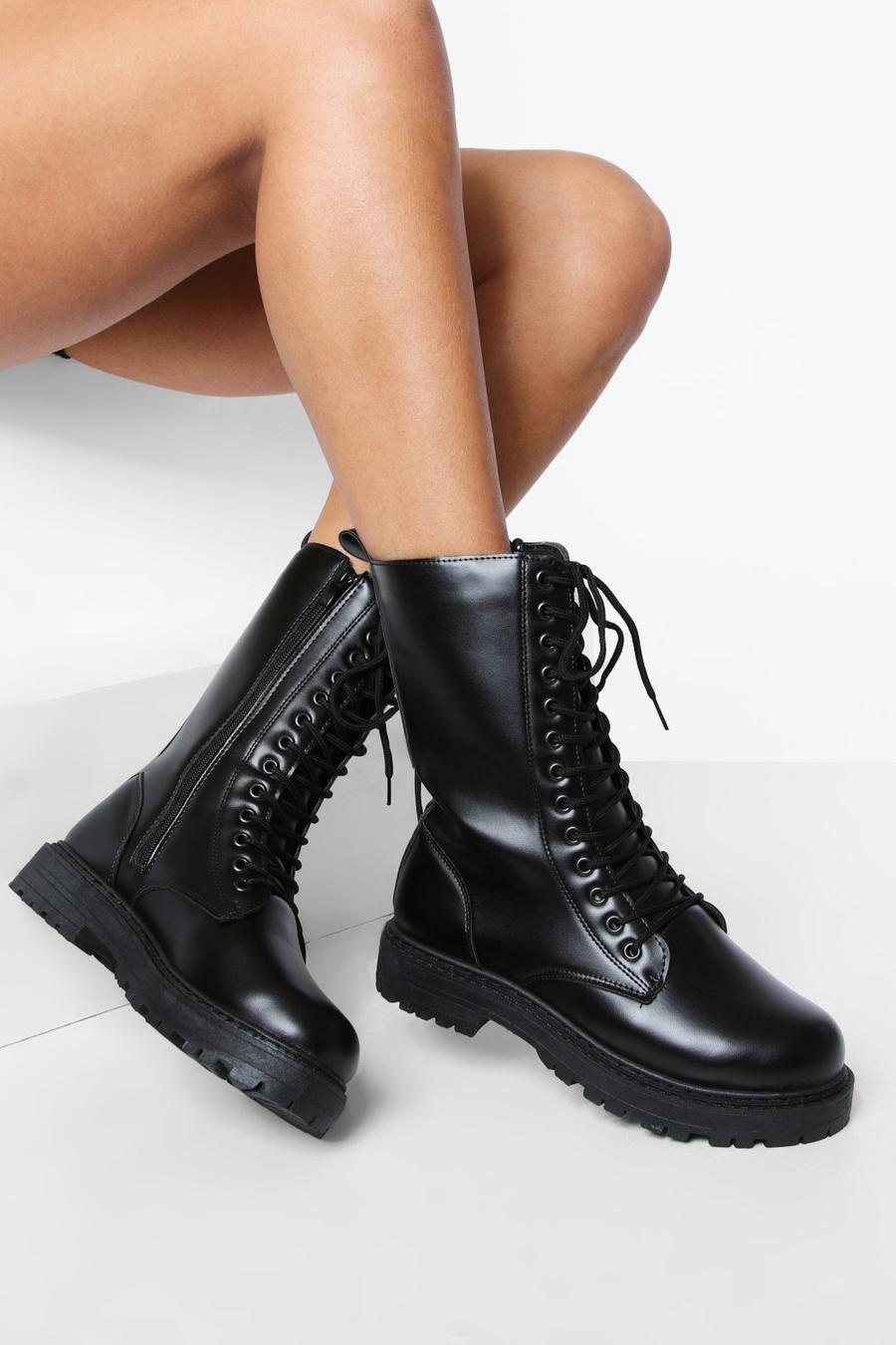 Black Wide Width Calf Height Combat Boots image number 1