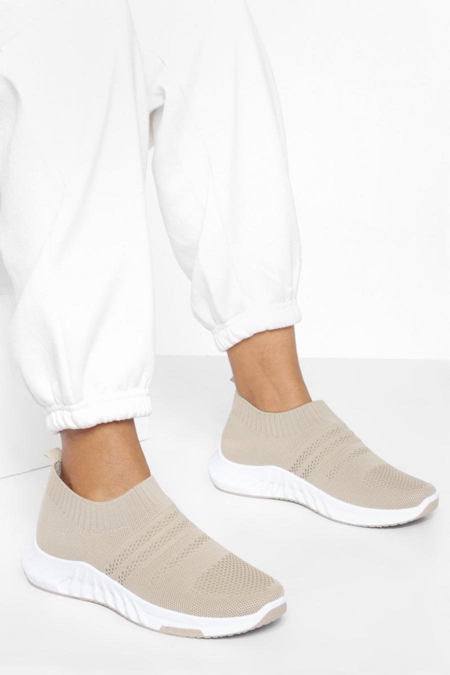 Stone beige Wide Fit Low Knitted Sock Trainers