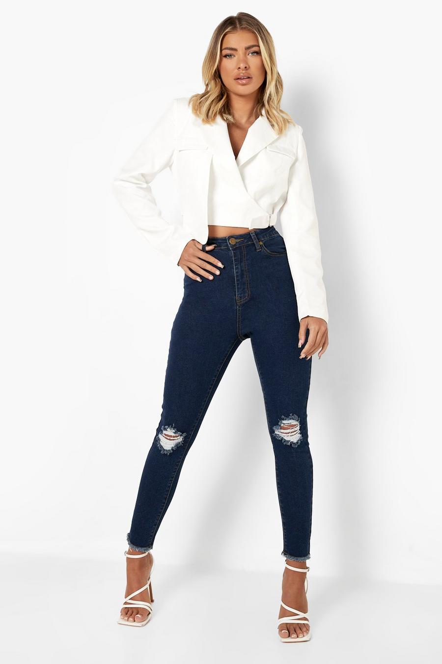 Mid blue Basic Skinny jeans med hög midja och fransig kant image number 1