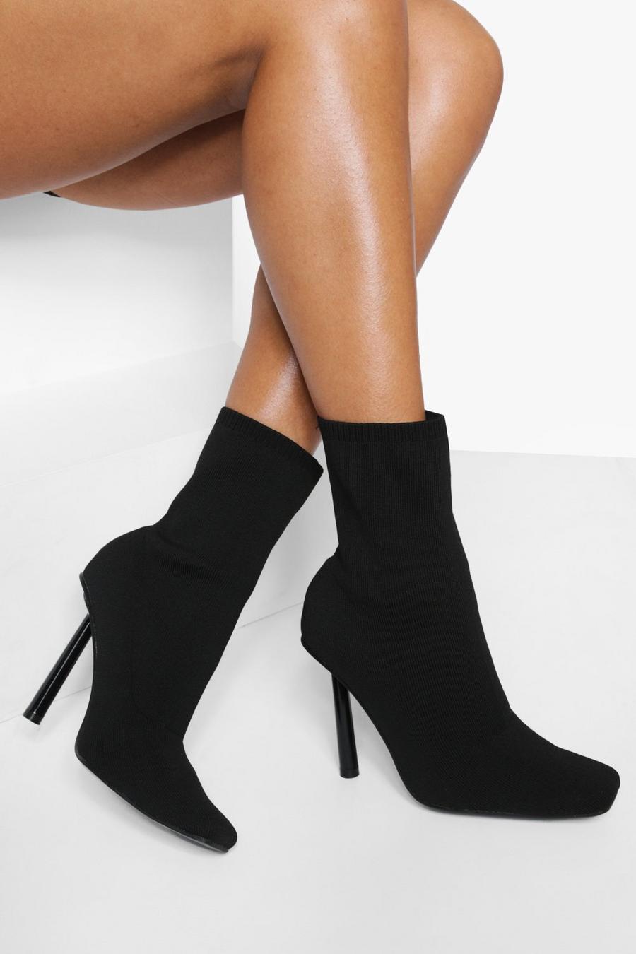 Black Knitted Square Toe Sock Boots image number 1