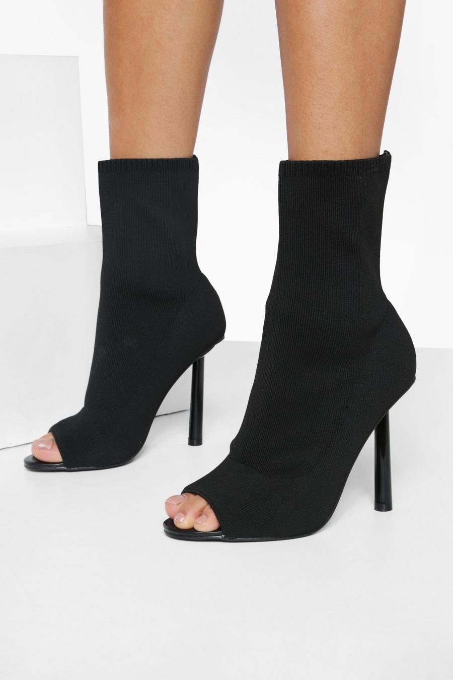 Black Knitted Peep Toe Sock Boots image number 1