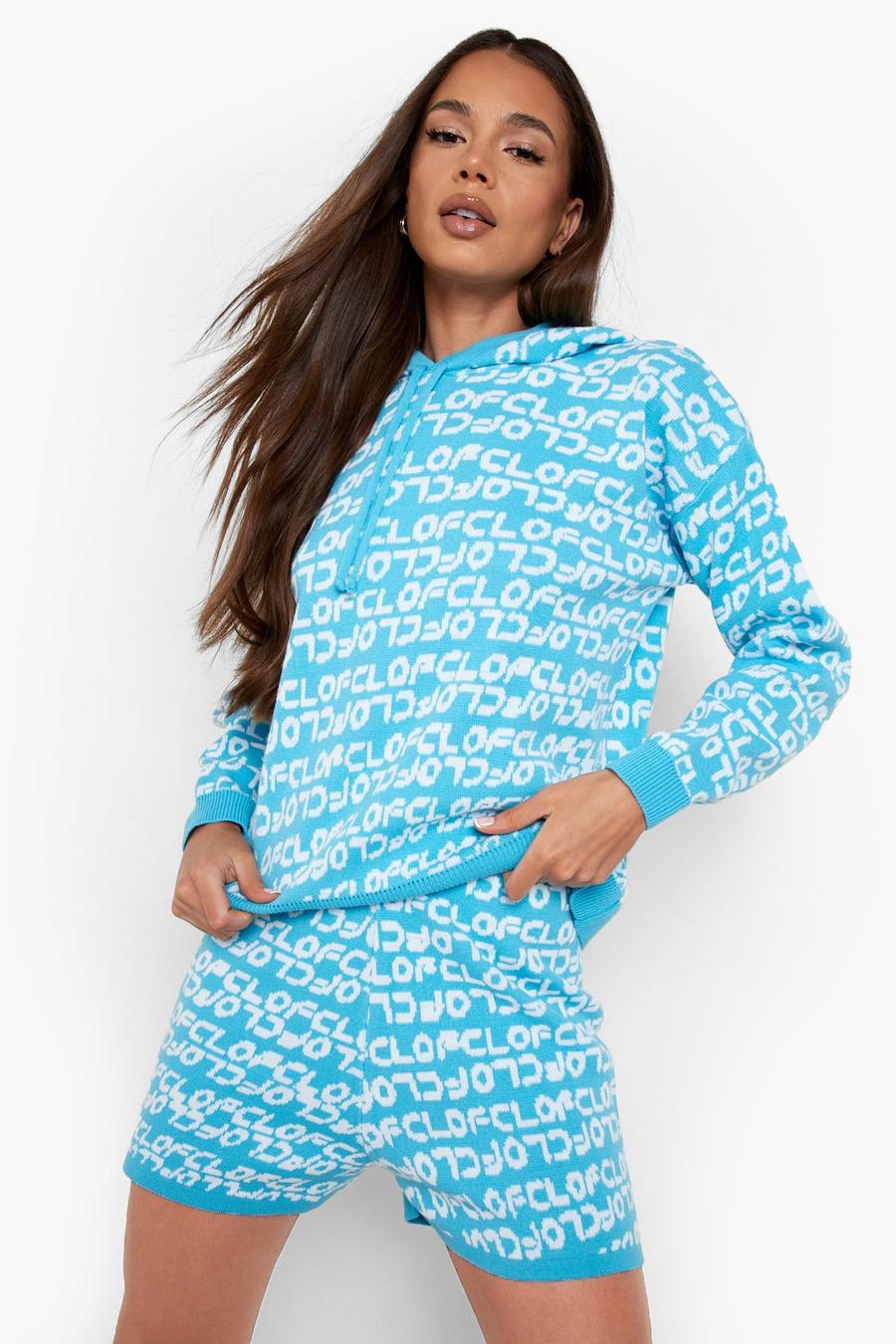 Blue Ofcl Print Knitted Hoodie And Shorts Set image number 1