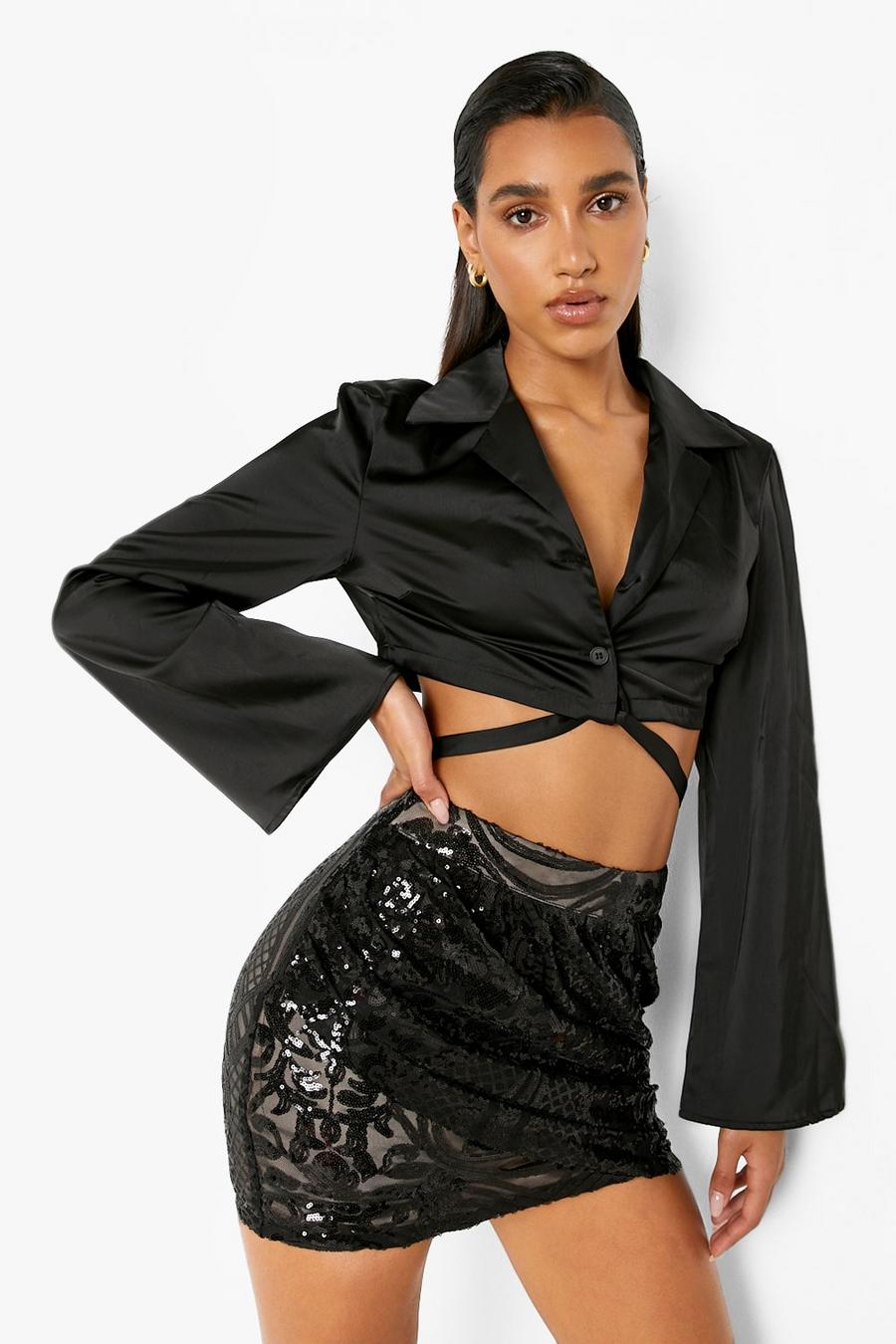 Black Premium Demask Sequin Drape Mini Skirt image number 1