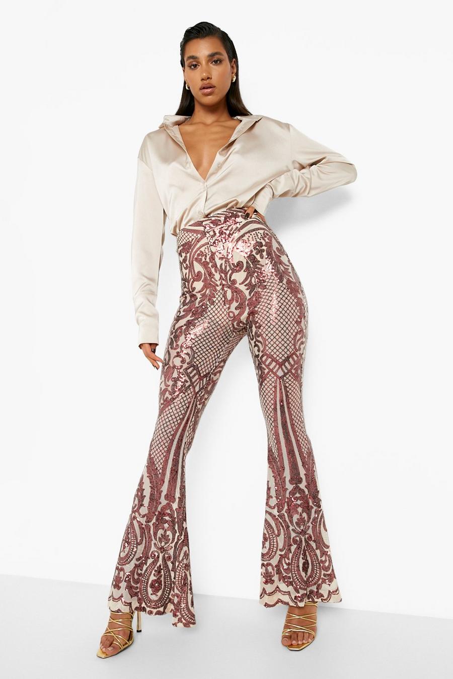 Red Premium Demask Sequin Extreme Flared Trouser image number 1