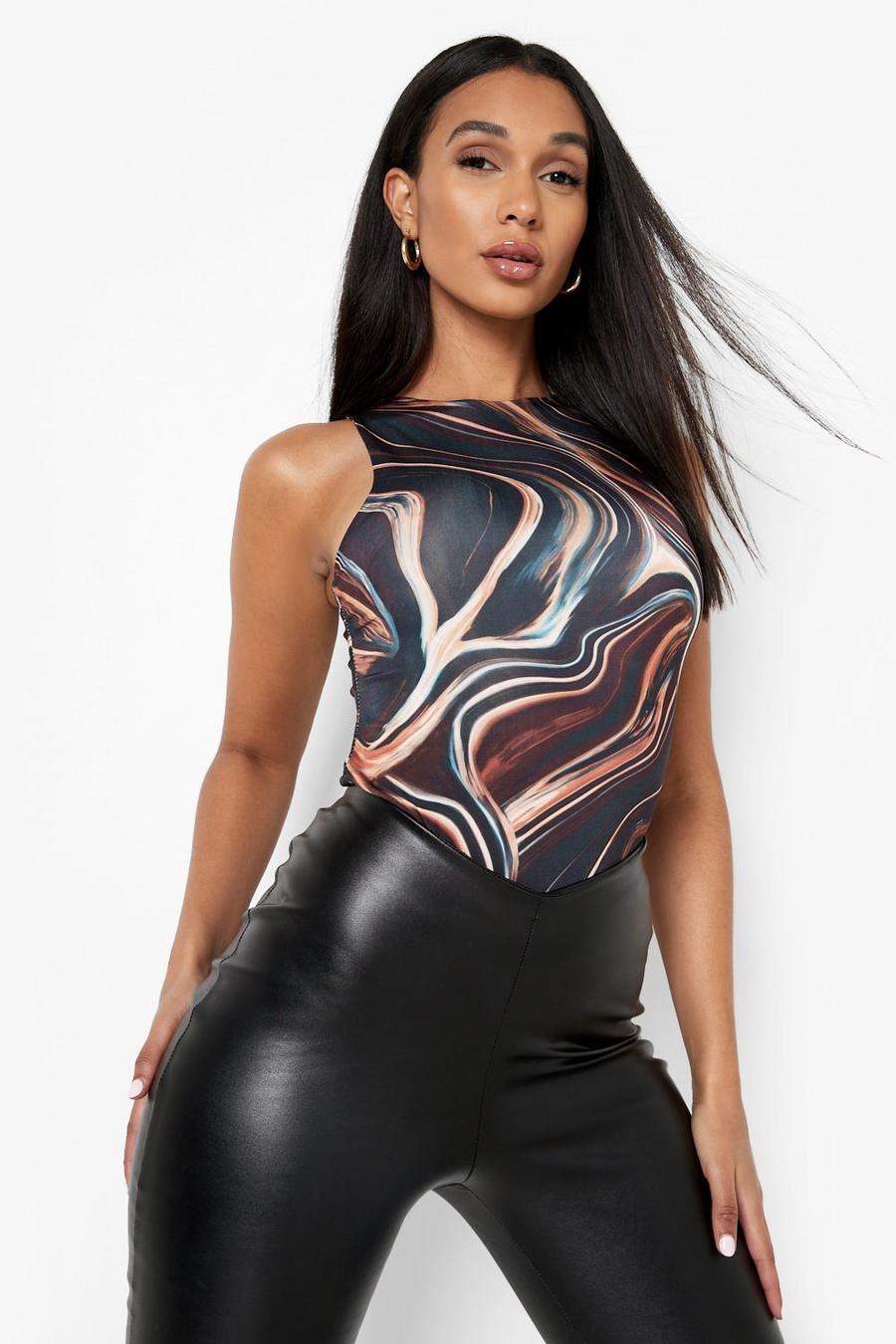Chocolate Abstract Print Racer Neck Bodysuit image number 1