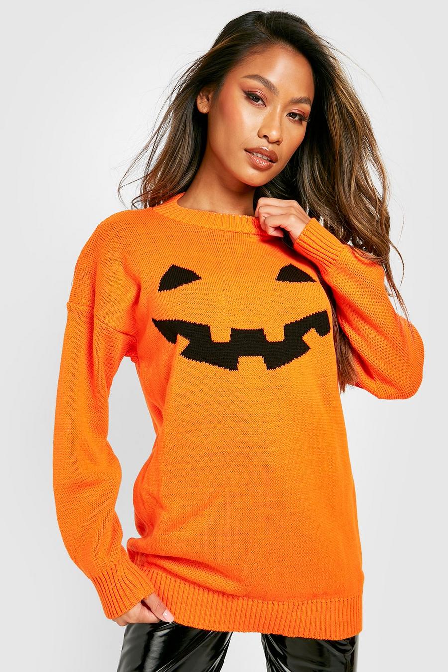 Orange Halloween Stickad tröja med pumpa image number 1