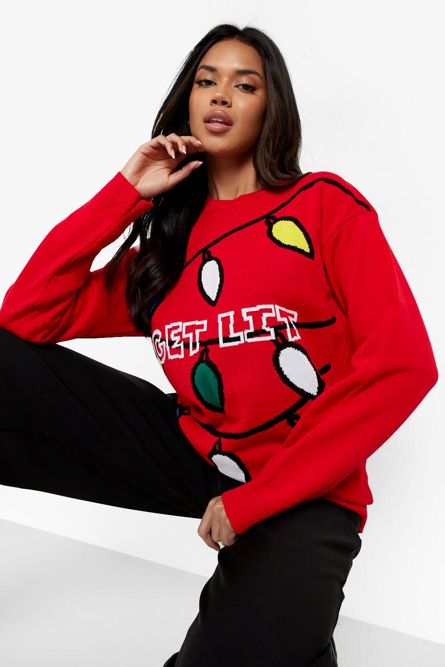 אדום סוודר לחג המולד עם כיתוב Lit Lit image number 1