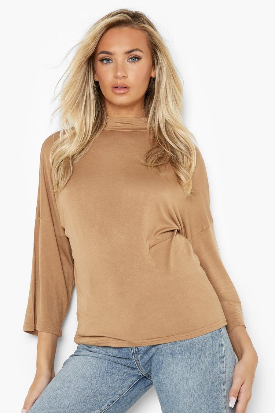 T-shirt oversize basique à manches 3/4, Camel beige