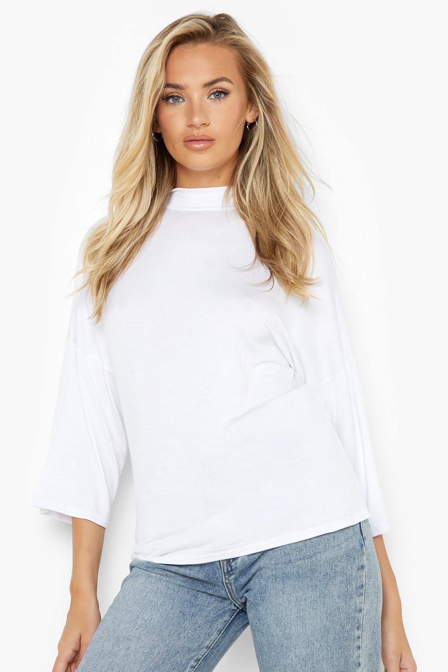 White Basic Oversized High Neck 3/4 Sleeve T-shirt image number 1