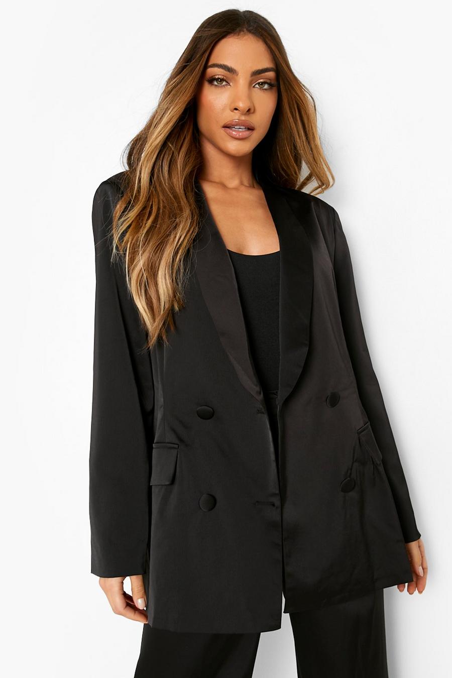 Black Satin Double Breasted Blazer image number 1