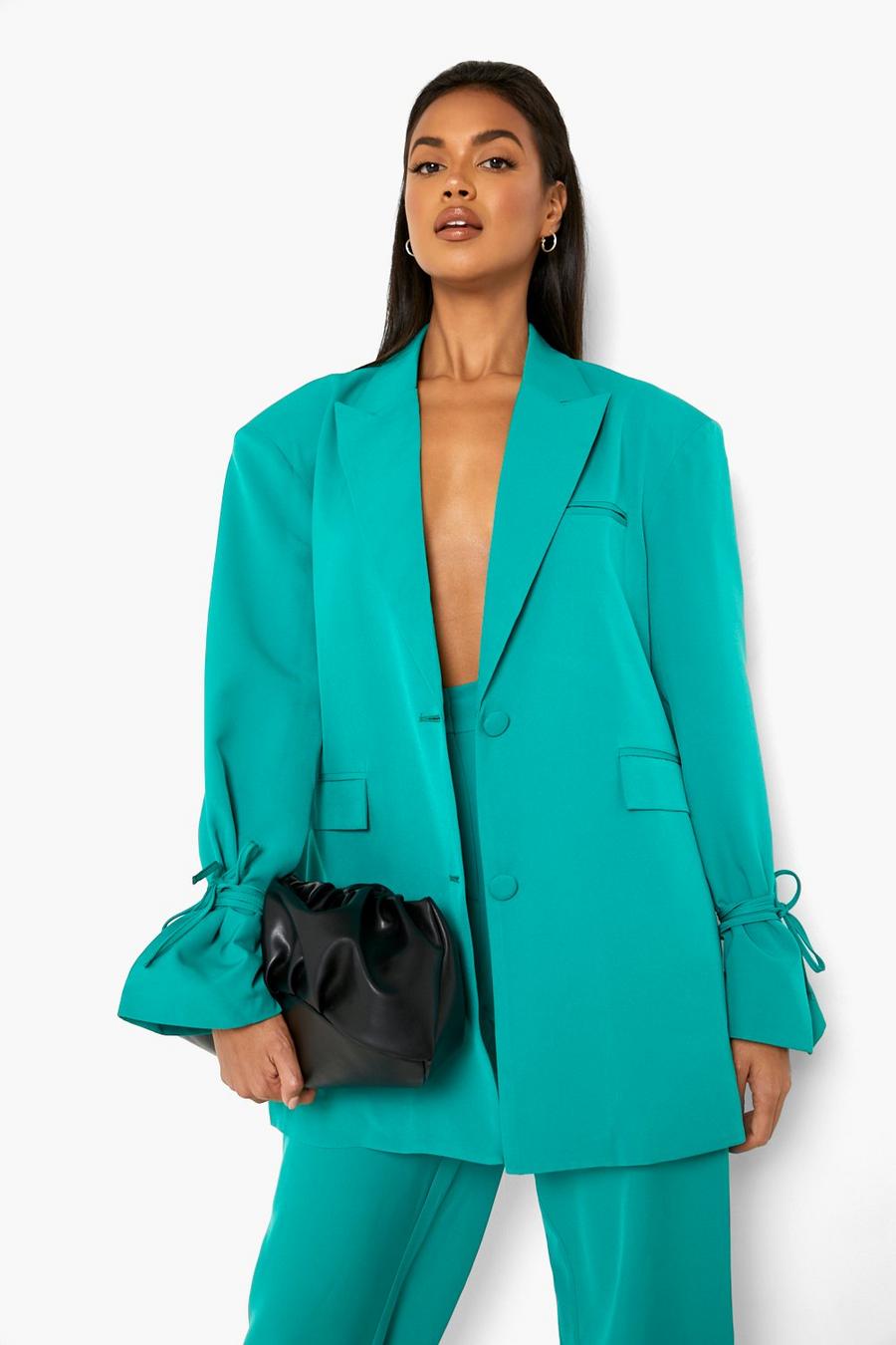 Emerald Tie Sleeve Relaxed Fit Tailored Blazer image number 1