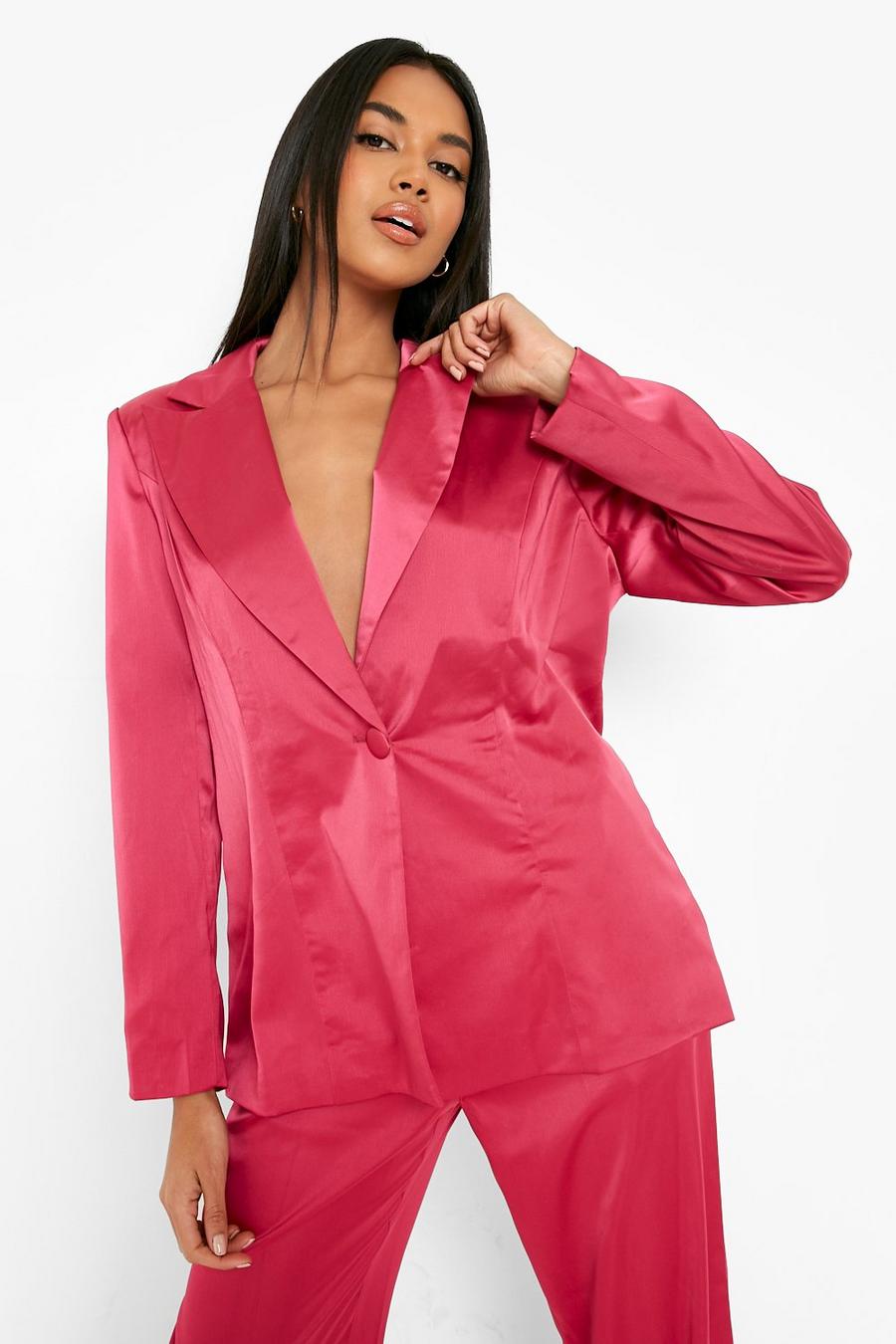 Magenta pink Satin Fitted Tailored Blazer image number 1