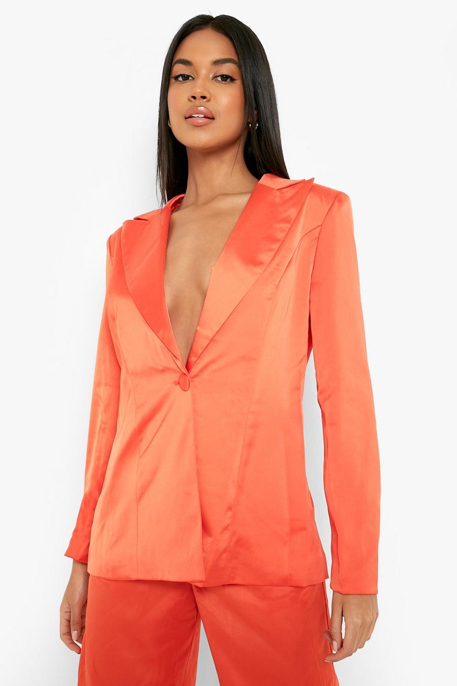 Orange Satin Fitted Tailored Blazer image number 1