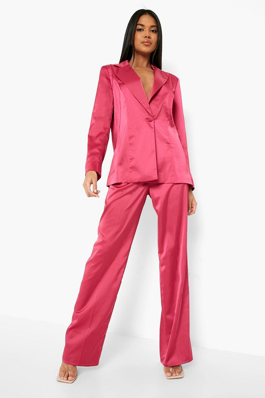 Magenta Satin Wide Leg Tailored Trousers image number 1