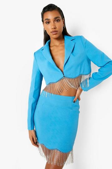 Diamante Tassel Scalloped Hem Mini Skirt azure