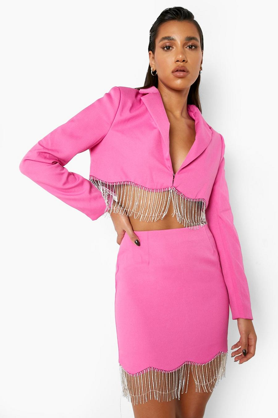 Hot pink Rhinestone Tassel Scalloped Hem Mini Skirt