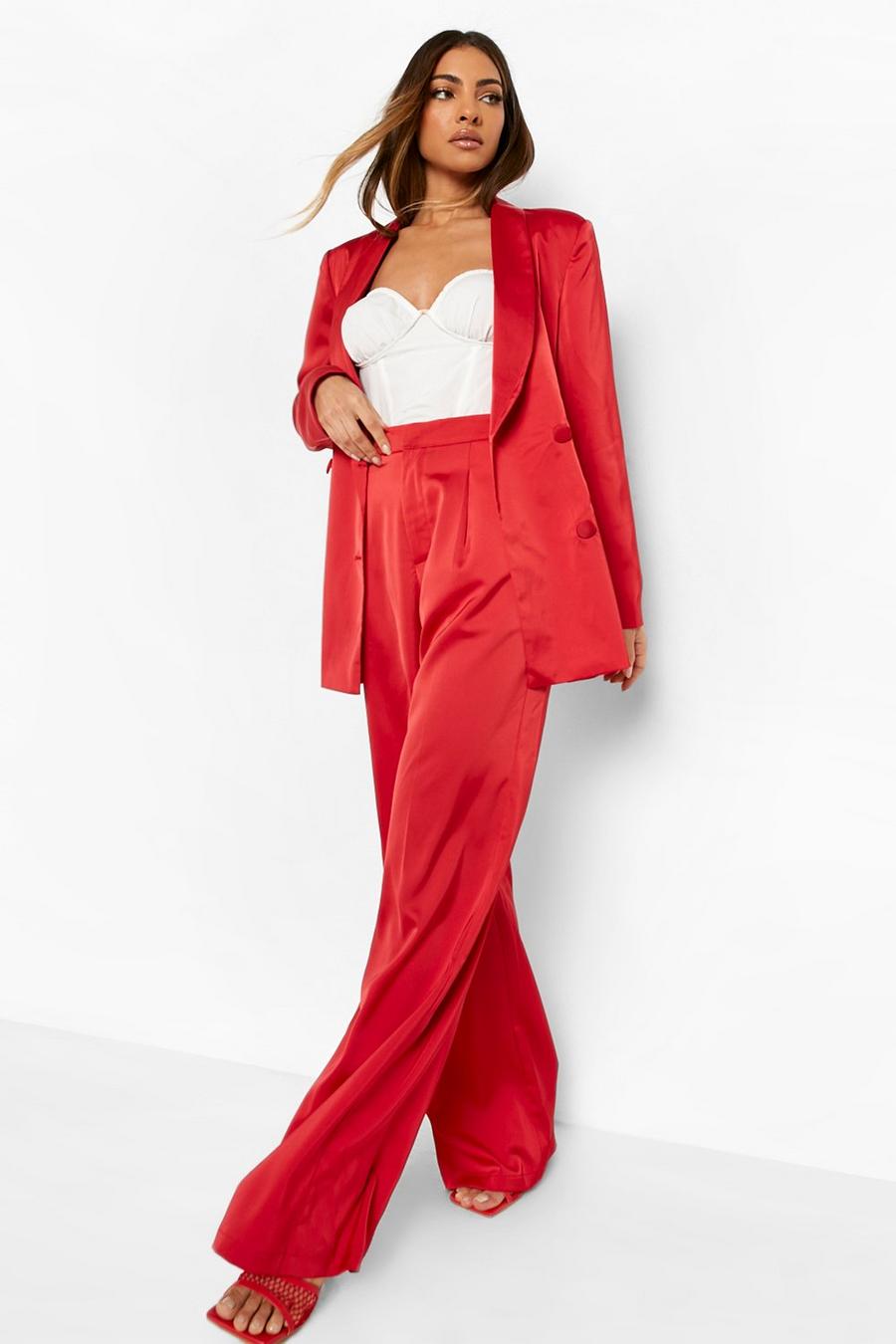 Red Satin Fluid Fit Wide Leg Trousers image number 1