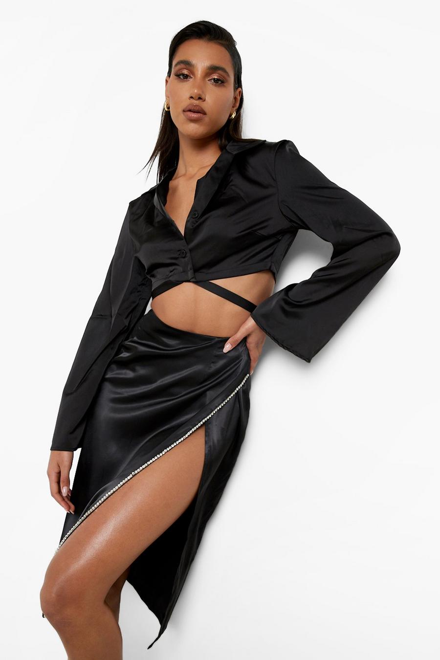 Black Diamante Split Front Satin Midi Skirt image number 1