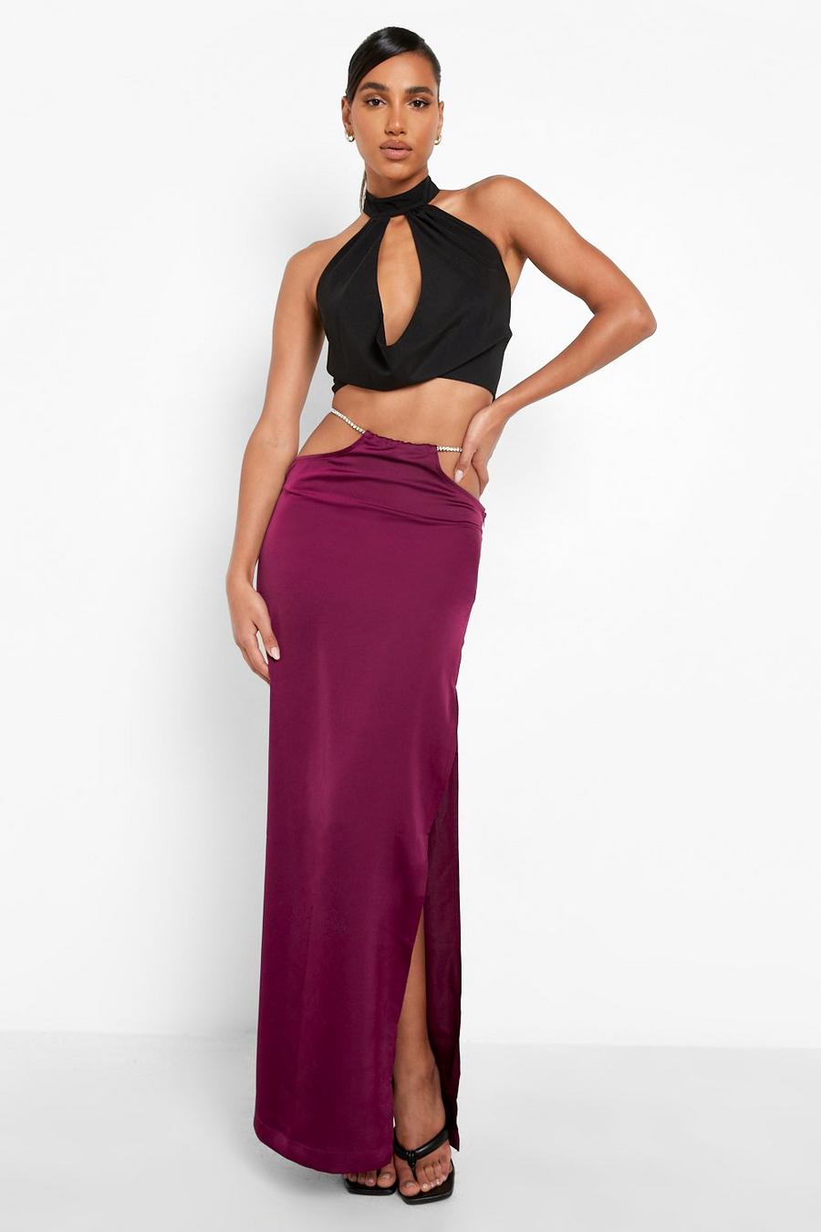 Purple Diamante Strap Waist Cut Out Satin Maxi Skirt