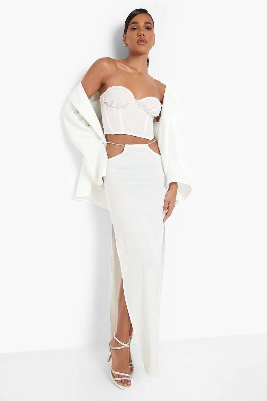 White Diamante Strap Waist Cut Out Satin Maxi Skirt image number 1