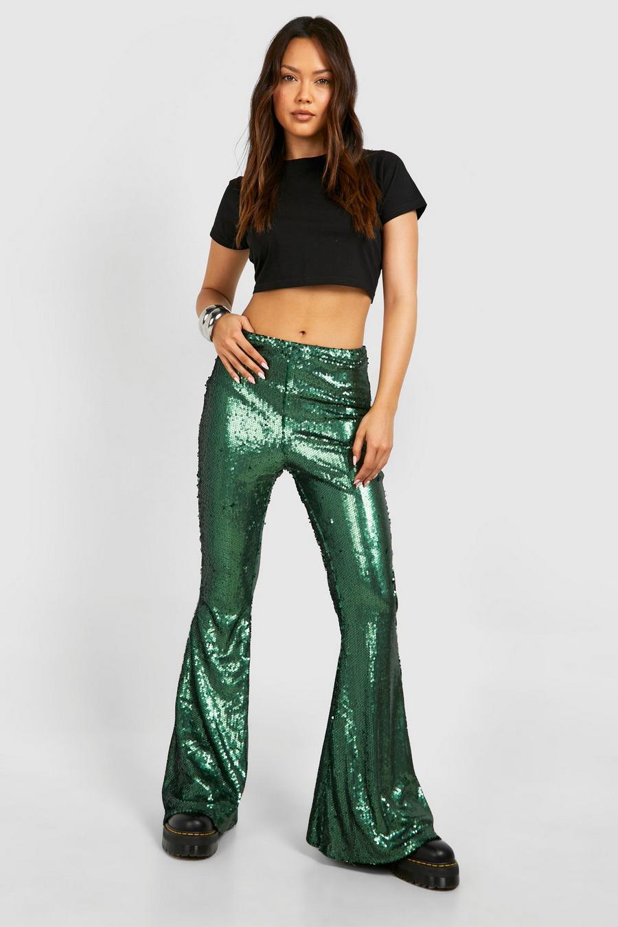 Green Festival High Waisted Sequin Flares image number 1