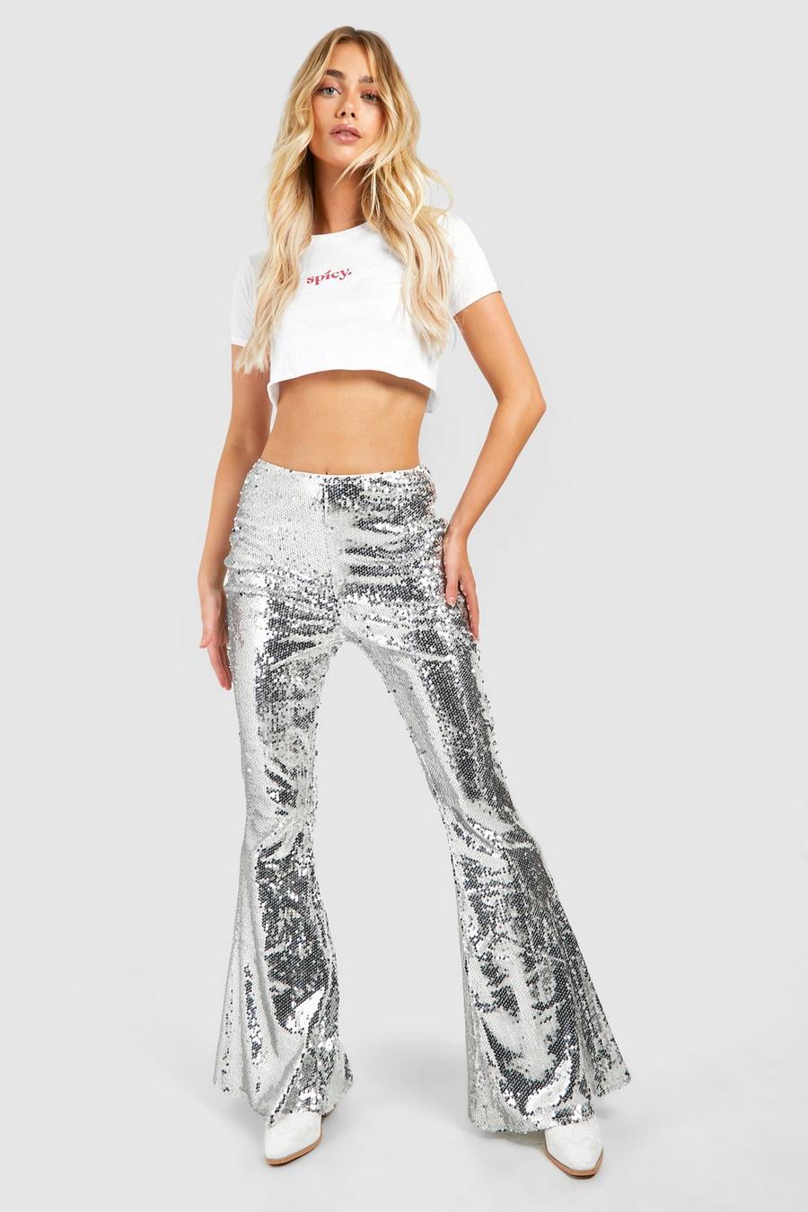 Silver מכנסיים מתרחבים high waisted עם פייטים image number 1