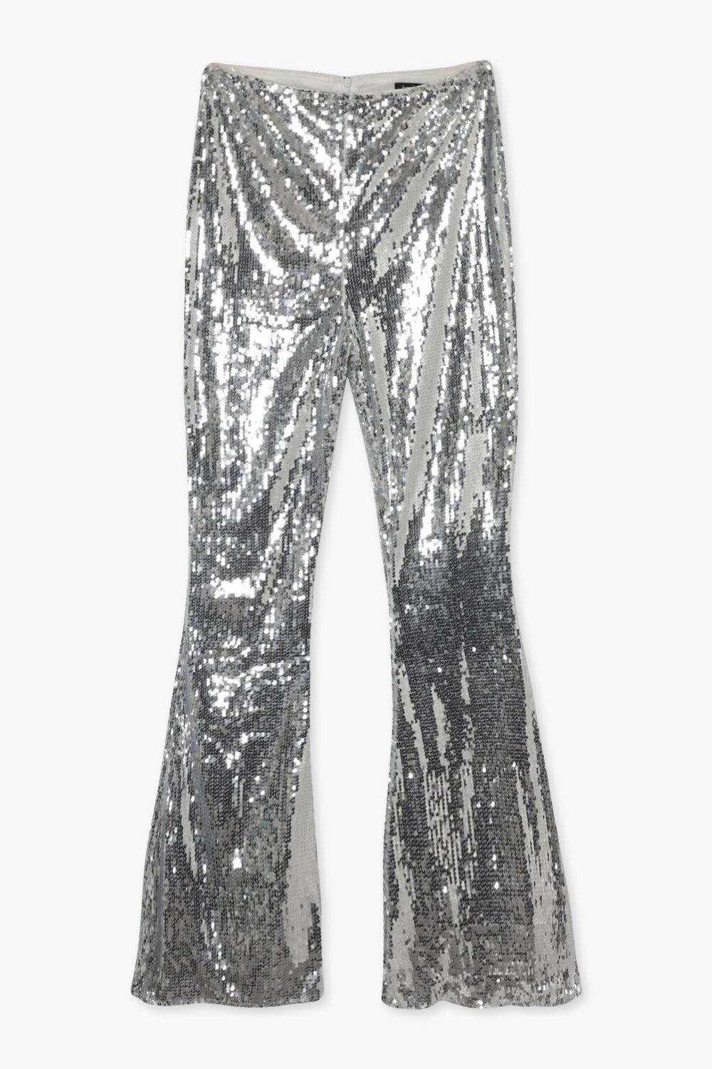 Buy Boohoo Sequined Damask High Waist Flared Trousers In Gold