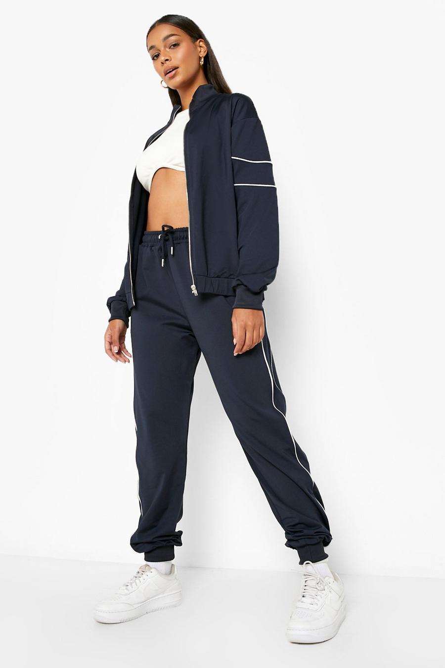 Navy Tricot Double Piped Zip Through Tracksuit image number 1
