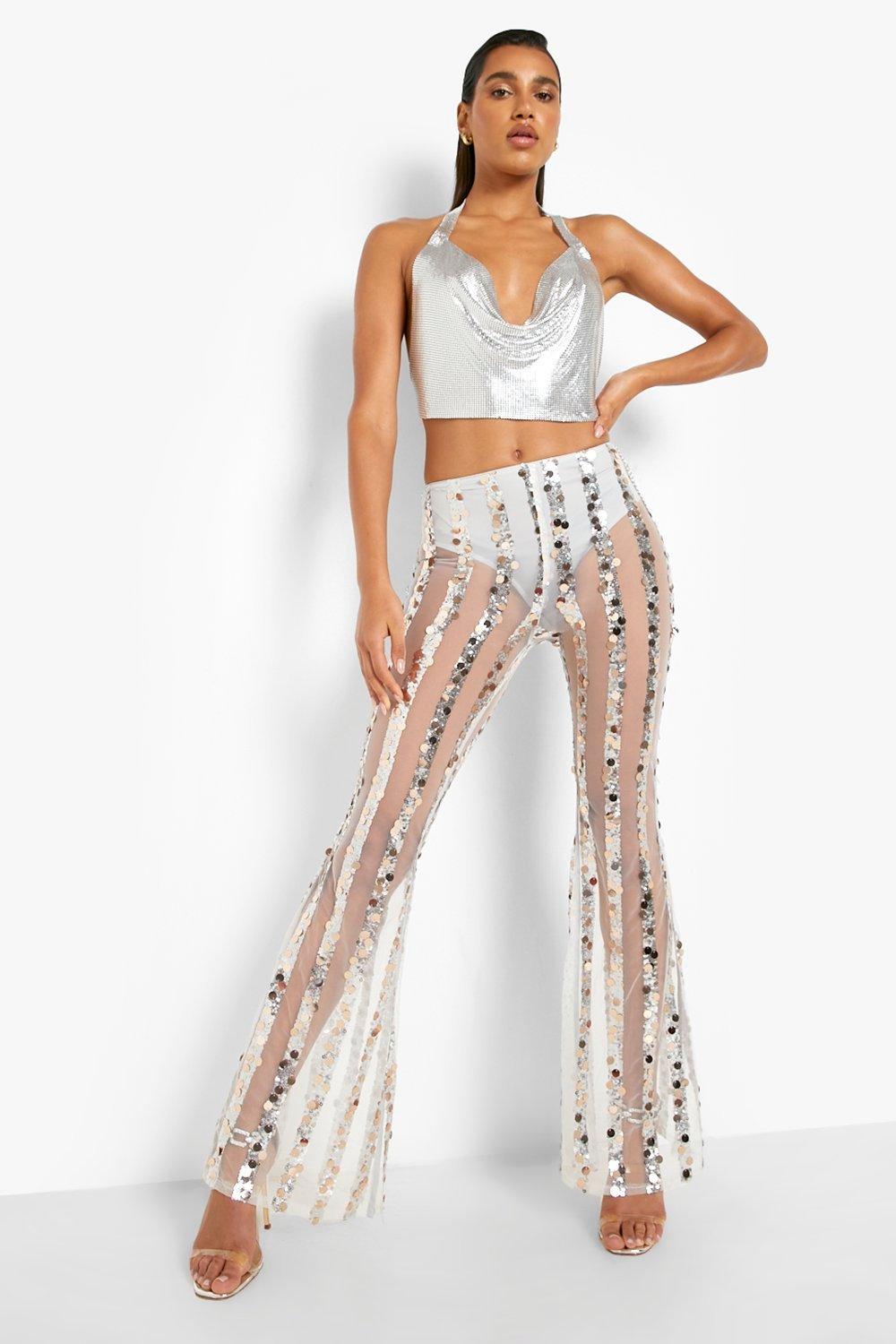 Stripe Sequin Mesh Flares boohoo