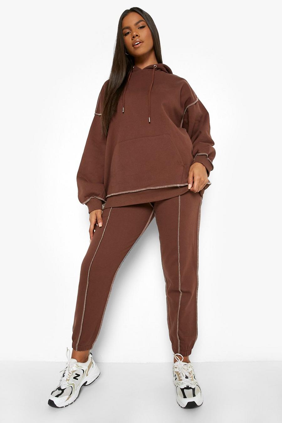 Chocolate Contrast Stitch Hooded Oversized Tracksuit image number 1