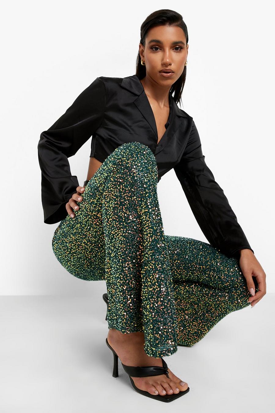 Green Sequin High Waisted Flared Pants image number 1