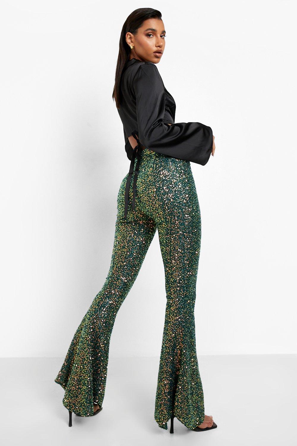 Sequin High Waisted Flared Pants | boohoo