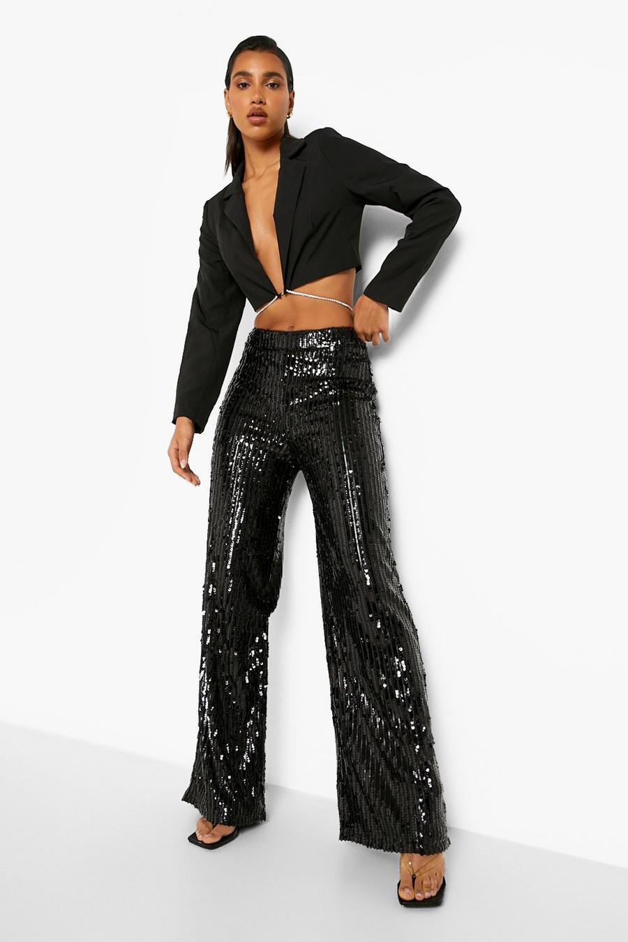 Black All Over Sequin Wide Leg Trousers image number 1
