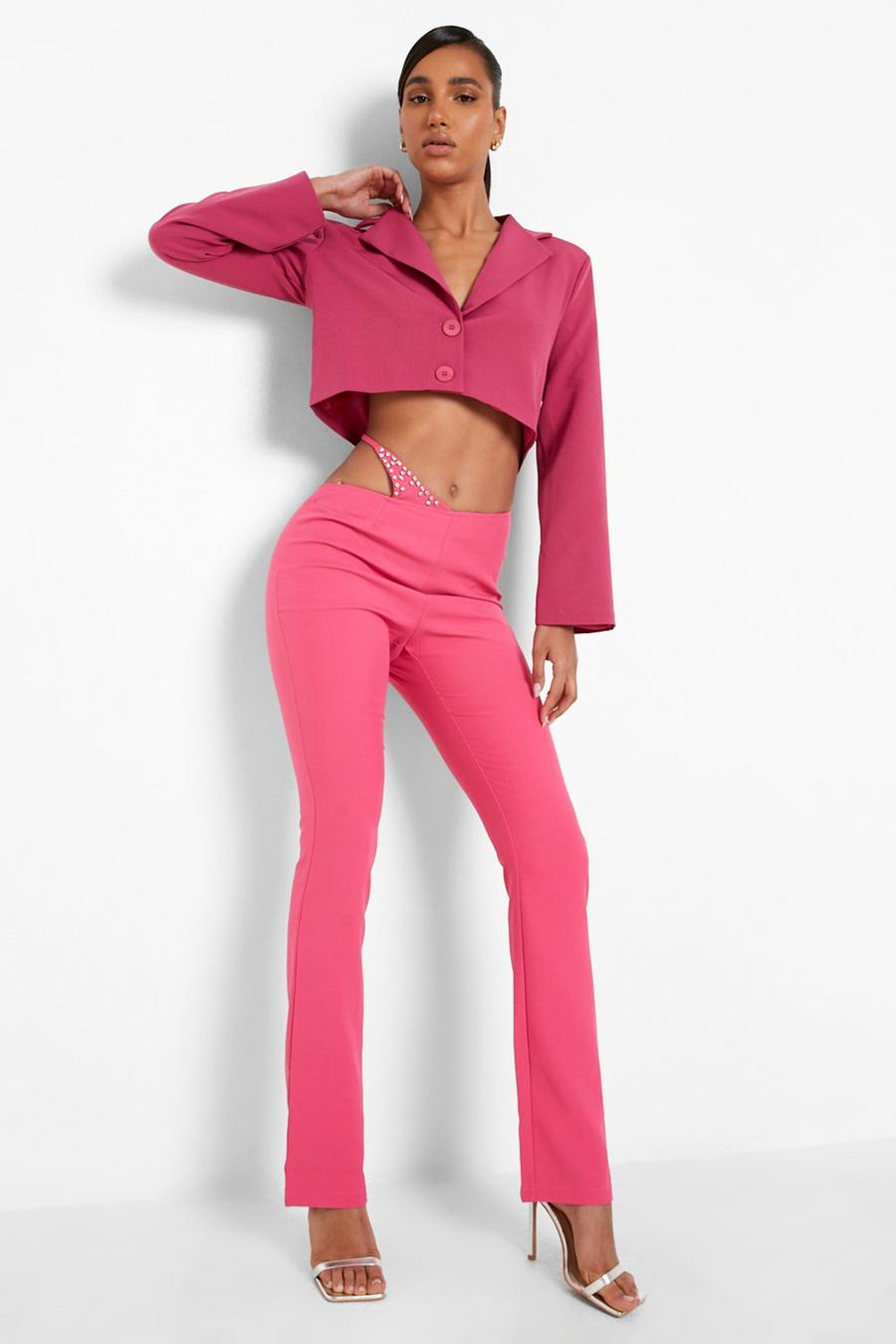 Hot pink Diamnate Knicker Detail Straight Leg Trousers image number 1