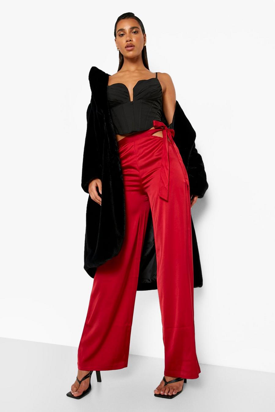 Berry Tie Side Satin Wide Leg Pants image number 1