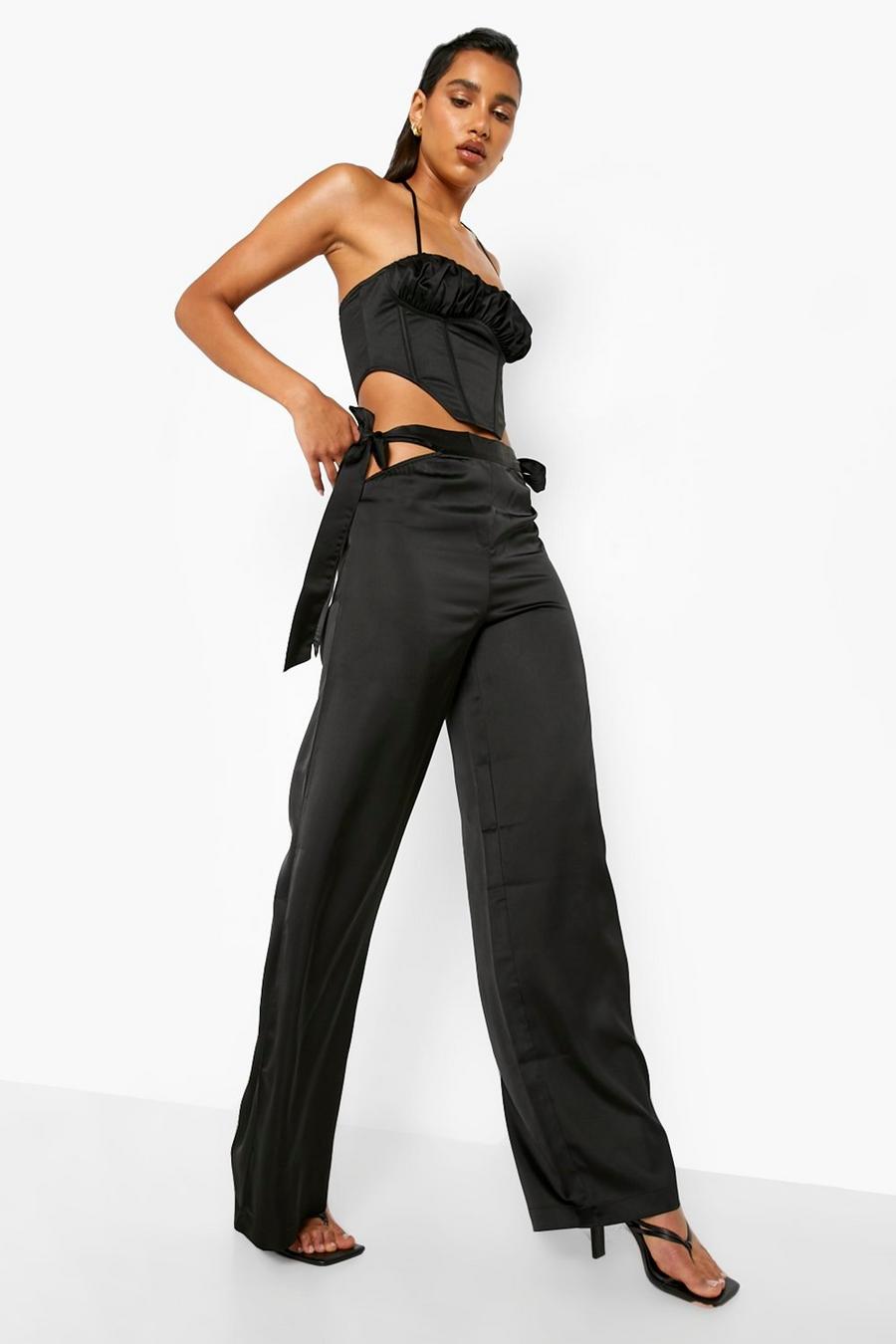 Black Tie Side Satin Wide Leg Trousers image number 1
