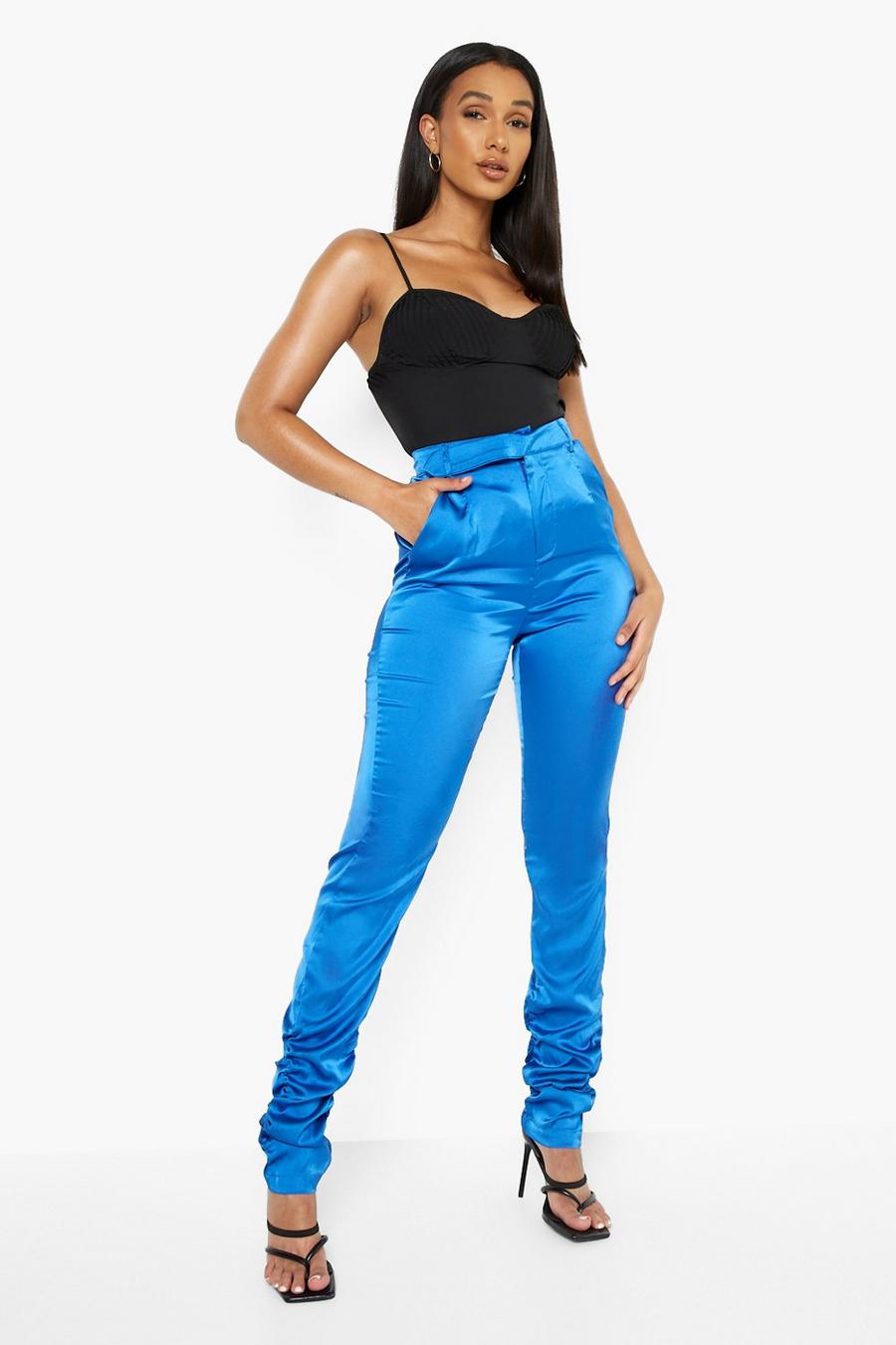 Blue Ruched Hem Satin Trousers image number 1