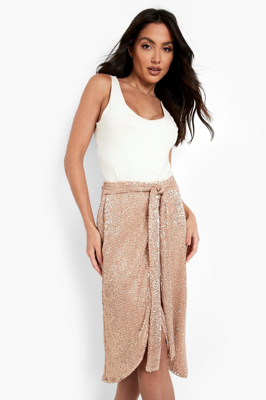 Rose gold metálicos Sequin Wrap Belted Midi Skirt
