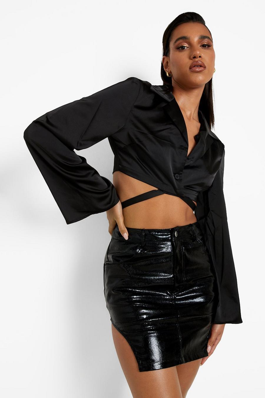 Black Cracked Metallic Curved Hem Mini Skirt