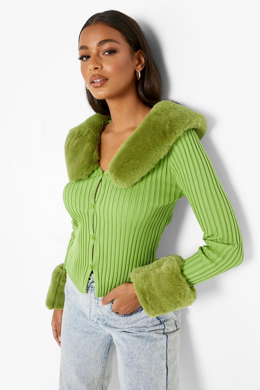 Green Faux Fur Trim Cardigan image number 1