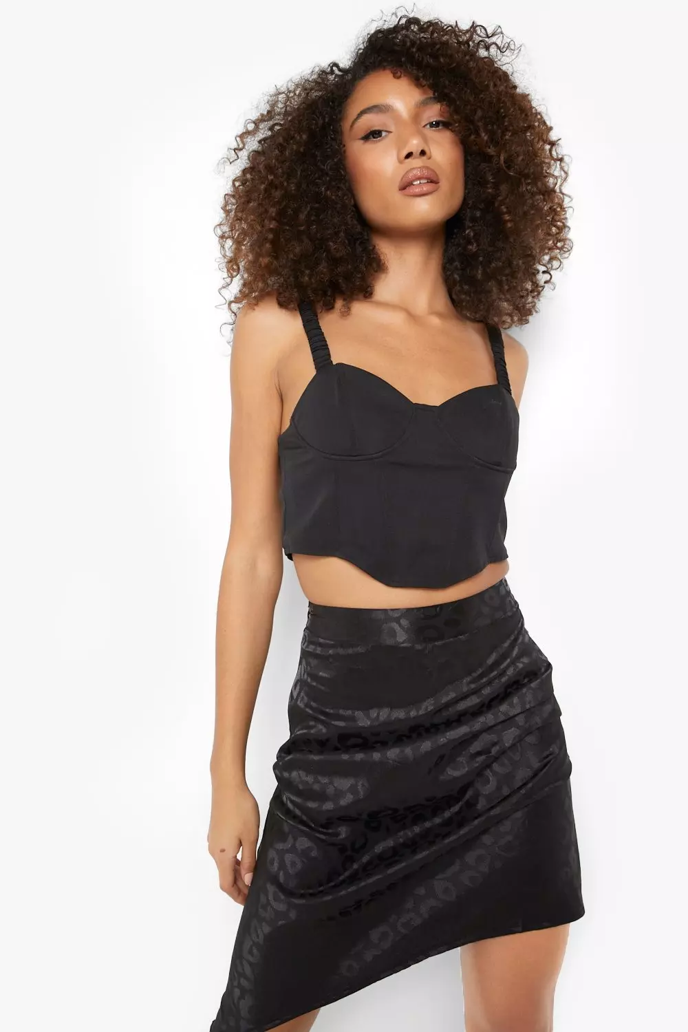 Black Ruched Leopard Satin Asymmetric Midi Skirt alternative image