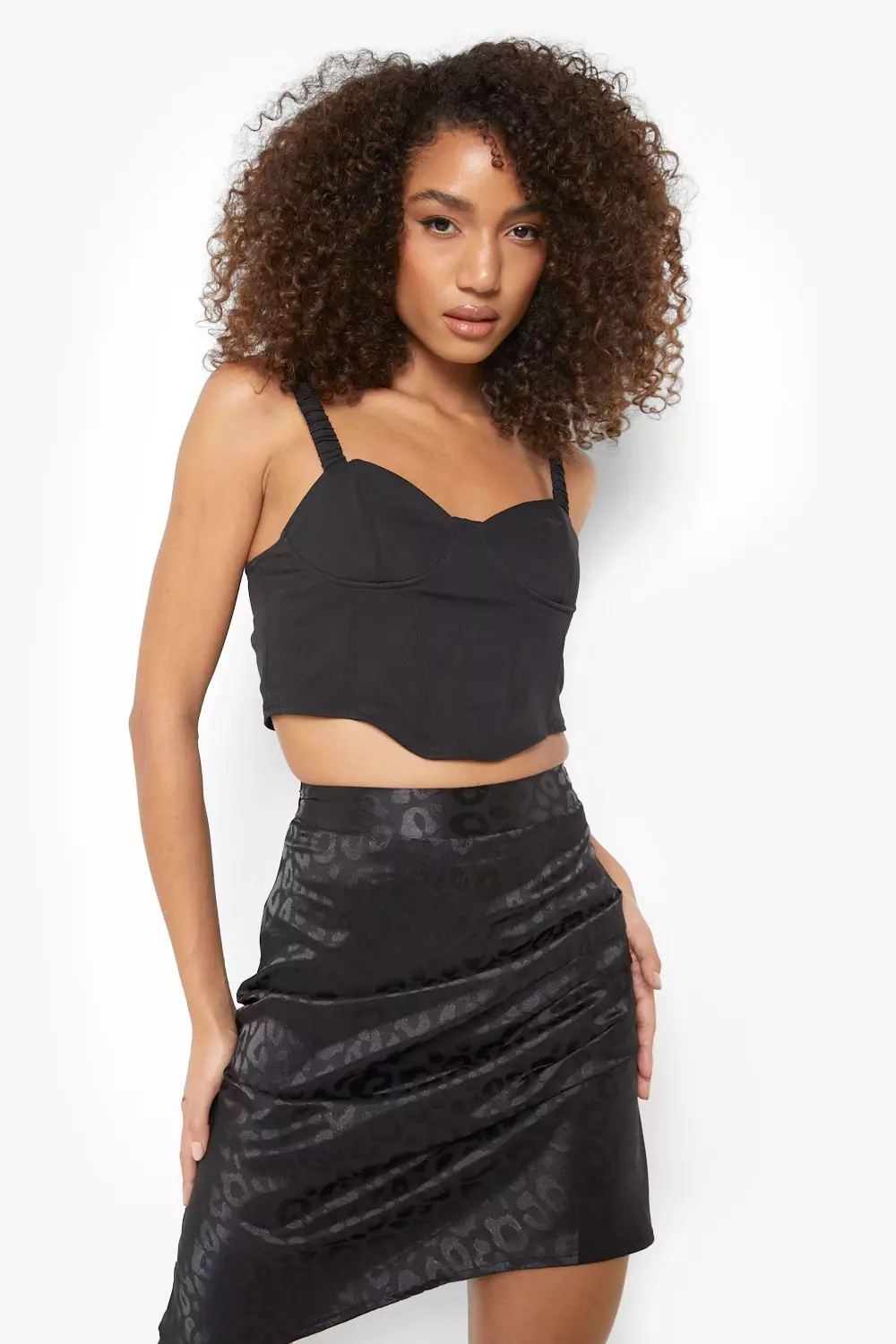 Black Ruched Leopard Satin Asymmetric Midi Skirt alternative image
