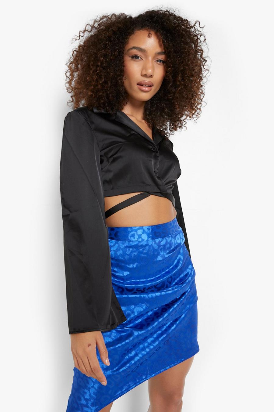 Blue Ruched Leopard Satin Asymmetric Midi Skirt image number 1