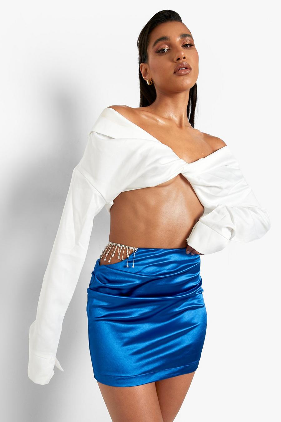 Blue Diamante Cut Out Ruched Satin Mini Skirt